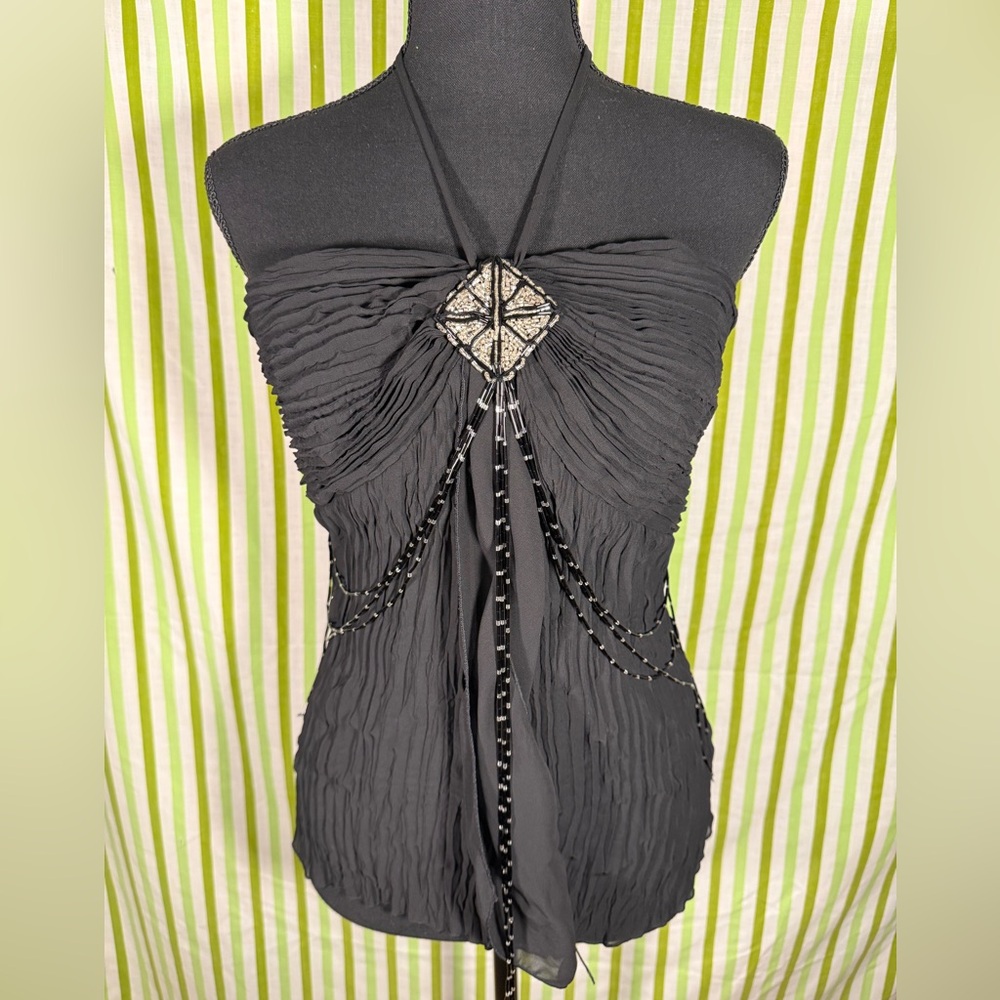 Kaelyn-Max Black Beaded Halter Top, Chiffon Layered Top, Size Medium - Picture 2 of 16